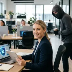 Kobieta pracuje przy laptopie z ikoną blokady, symbolizującą dlp. Zza jej pleców skrada się złodziej.