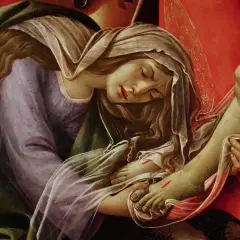 Detalle de una pintura: María Magdalena, con el rostro sereno, sostiene el pie de Cristo.