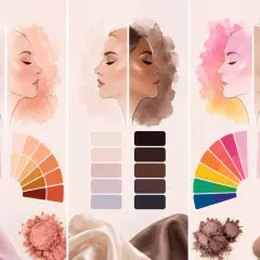 Ilustraciones de perfiles de mujeres con paletas de colores y telas, parte de un estudio de colorimetría.