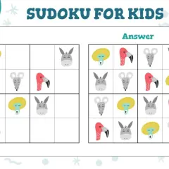Klocki sudoku z uroczymi zwierzątkami: flaming, myszka, osiołek i słoneczko. Obok rozwiązanie zagadki.