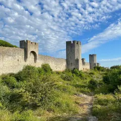 Imponerande ringmur med torn, en av de mest sevärda platserna att se i Visby. Grönskande natur längs muren.
