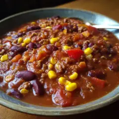En skål med mustig vegetarisk chili con carne, full av bönor, majs och paprika. Perfekt för en mysig middag.