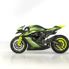 La Aston Martin AMB 001, una moto deportiva futurista en verde metálico y detalles neón, lista para la velocidad.