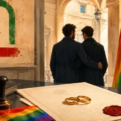 Due uomini si abbracciano, pronti per la loro unione civile o matrimonio. Anelli e bandiera arcobaleno sul tavolo.