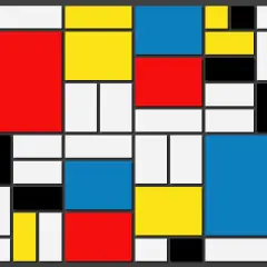 Abstrakcyjne dzieła Piet Mondriana: czerwone, żółte, niebieskie i czarne prostokąty na białym tle, przedzielone czarnymi liniami.