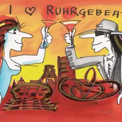 Udo Lindenberg Bilder: Zwei Figuren stoßen mit Cocktails an, im Hintergrund das Ruhrgebiet.