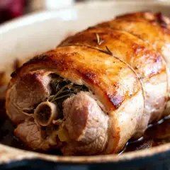 Paupiette de porc dorée et savoureuse, farcie d'herbes, prête à être dégustée dans son plat de cuisson.