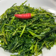 Un piatto invitante di cicoria ripassata in padella, con un peperoncino rosso a dare un tocco di colore e piccantezza.