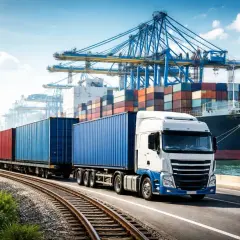 Ein LKW mit Containern fährt neben einer Bahnstrecke, die zu einem Hafen mit Kränen und einem Containerschiff führt. Dies ist ein Beispiel für intermodalen Transport.