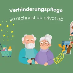 Verhinderungspflege: Ein älteres Paar, eine Frau mit Einkaufswagen und Sterne. Eine Frau am Fenster, ein Mann mit Pflanze und ein Euro-Symbol.