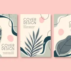 Trois designs de page de couverture abstraits avec des feuilles stylisées et des formes organiques dans des tons pastel et terreux.