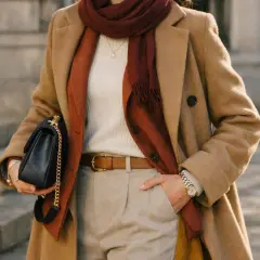 Une femme porte une élégante veste camel homme, un pull blanc, un foulard bordeaux et un pantalon beige. Elle tient un sac à main noir.