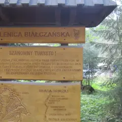 Drewniana tablica informacyjna przy trasie do Wodogrzmotów Mickiewicza. Opisuje szlak i atrakcje Tatrzańskiego Parku Narodowego.