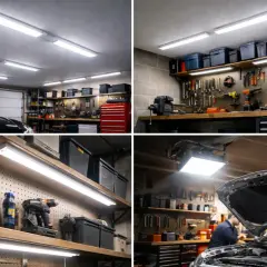 Jasne, oto opis:

Jasne, nowoczesne oświetlenie garażu bez prądu. Długie, białe lampy LED zamontowane na suficie i półkach zapewniają doskonałą widoczność. Widać narzędzia, samochód i skrzynki.