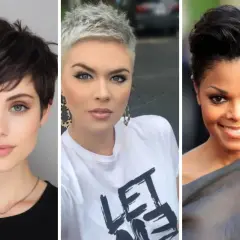 Trois femmes arborent des coupes de cheveux courtes, dont une avec un côté rasé.