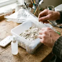 Man manipula un contenedor con sustrato para cultivar setas. El pan de setas no fructifica, pero la esperanza persiste.