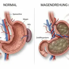 Vergleich: gesunder Hundemagen vs. Magendrehung Hund Aussehen. Verdrehter Magen, Milz, Darm. Symptome: Unruhe, Erbrechen, Speicheln.