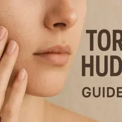Nära bild på ansikte med torr hud som spricker. En hand rör vid kinden. Text: Torr i huden Guide.