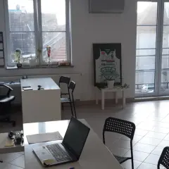 Nowoczesne biuro z biurkami, krzesłami, laptopem i koszulkami sportowymi na ścianie.