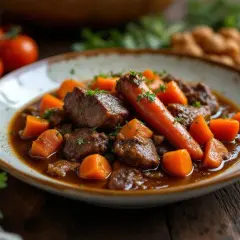 Un plat réconfortant de boeuf carottes mijoté, garni de persil frais. Les morceaux de viande tendres et les carottes orangées baignent dans une sauce brune savoureuse.