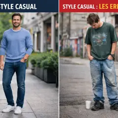 Un homme arbore un style casual réussi avec un pull bleu et un jean. À côté, un autre homme montre un style casual moins maîtrisé.