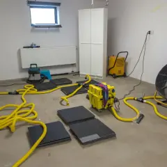 Gerät zur Trocknung eines **Wohnraums im Keller**: Bautrockner, Ventilator und Schläuche sind im Einsatz.