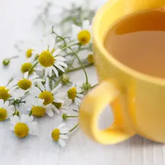 Camomilla e una tazza di tè giallo, rimedi veloci per il mal di stomaco.