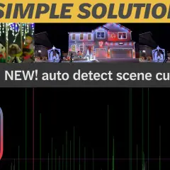 DaVinci Resolve scene cut detection helps simplify editing holiday footage. The image shows a child with Christmas lights and a timeline with detected cuts.