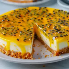 En krämig cheesecake med passionsfrukt som toppning, perfekt för alla som älskar tropiska smaker.