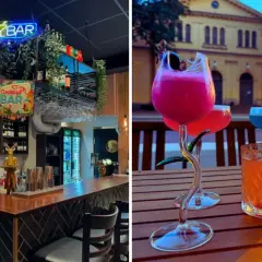 En bar med neonljus och en uteplats med färgglada drinkar, inklusive en svart drink.