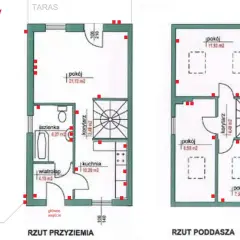 Schemat rozmieszczenia punktów elektrycznych w domu, pokazujący jak rozmieścić gniazdka w domu na rzutach parteru i poddasza.