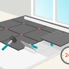 Illustration d'une pose de carrelage de terrasse avec outils, croisillons et indication de séchage 24h.
