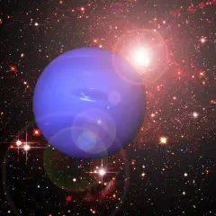 Niebieski Neptun w kosmicznej głębi, otoczony gwiazdami i mgławicami. Symbolizuje tajemnice i transformacje, jakby Neptun w 8 domu odkrywał ukryte prawdy.