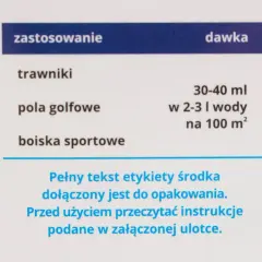 Fragment etykiety z informacją o zastosowaniu i dawkowaniu środka na trawniki, pola golfowe i boiska sportowe.