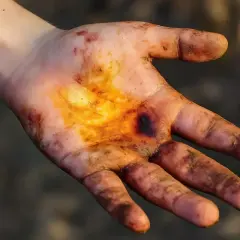 Main couverte de terre, avec une brûlure cloque au centre.