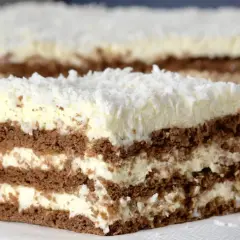 Mega szybkie ciasto bez pieczenia z warstwami czekoladowego biszkoptu i kremu, posypane wiórkami kokosowymi. Idealne na deser!