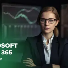Kobieta w okularach i garniturze, na tle wykresów. Kurs Microsoft Excel 365 od podstaw.