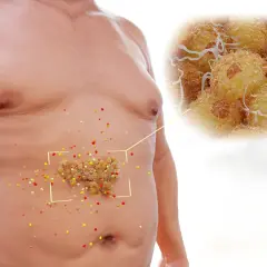 Addome con accumuli di grasso viscerale, ingrandimento di cellule adipose. Obiettivo: eliminare grasso viscerale.