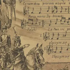 Ilustracja przedstawia żołnierzy i nuty pieśni "Mazurek Dąbrowskiego", gdzie powstał hymn polski.