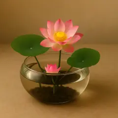 Eine zarte **Lotusblume in der Wohnung**, in einem Glasgefäß mit Wasser und Kieselsteinen, strahlt Ruhe aus.