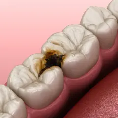 Dente cariato con cavità scura che raggiunge la polpa dentale.