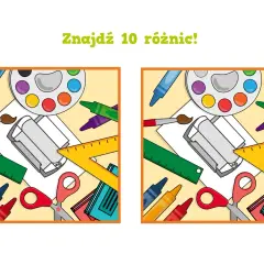 Dwie identyczne ilustracje z przyborami szkolnymi. Znajdź 10 różnic dla dzieci, bawiąc się i ćwicząc spostrzegawczość.