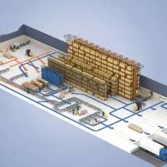 Diagram spaghetti przedstawiający przepływ towarów w magazynie: od rozładunku, przez taśmociągi i regały, aż po załadunek na ciężarówki.