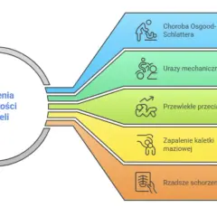 Schemat przedstawia schorzenia guzkowatości piszczeli, w tym chorobę Osgooda-Schlattera, urazy mechaniczne, przewlekłe przeciążenia, zapalenie kaletki maziowej i rzadsze schorzenia.