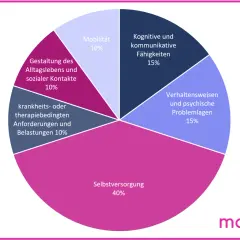 Kreisdiagramm zeigt Pflegegrad-Kriterien: Selbstversorgung (40%), kognitive/kommunikative Fähigkeiten (15%), Verhaltensweisen/psychische Problemlagen (15%), Mobilität (10%), Gestaltung Alltag/Kontakte (10%), krankheitsbedingte Anforderungen (10%). Dies...