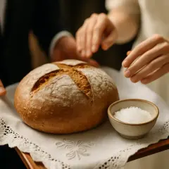 Tradycyjne powitanie chlebem i solą. Dłonie sięgają po bochenek i miseczkę z solą, symbolizując gościnność i dobrobyt.