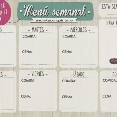 Plan nutricional semanal para estar cañón en el fiestón. Incluye espacios para comidas y cenas de lunes a domingo, y una sección para la lista de compras.