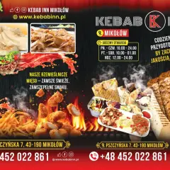 Plakat reklamowy z kebabem, frytkami, kurczakiem i napisem "Kebab Inn Mikołów".