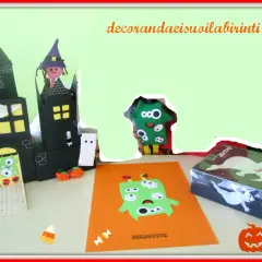 Un castello di Halloween da colorare, con fantasmi, mostri e zucche, pronto per essere decorato.
