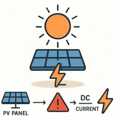 Sonnenlicht trifft PV-Panel, erzeugt Strom. Achtung: Gleichstrom kann einen Stromschlag verursachen.